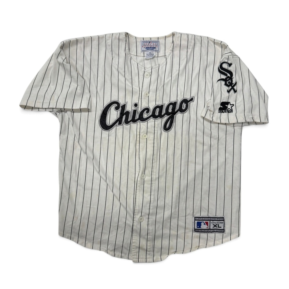 Vintage Starter Chicago White Sox MLB Pinstripe Baseball Jersey Mens XL White